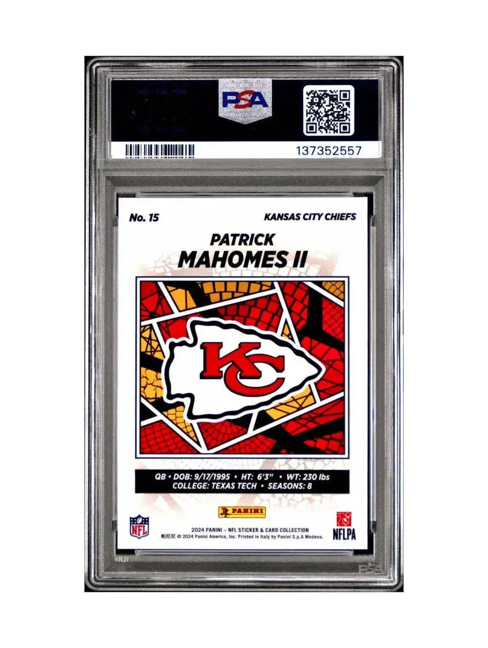 Patrick Mahomes 2024 Panini Sticker Collection 187/299 #15 Red Foil PSA 9 Mint
